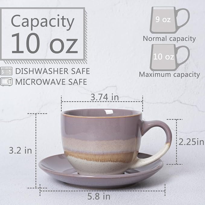 Bosmarlin Ceramic Cappuccino Cup and Saucer Set of 2, 10 Oz, Coffee Cups - Image 2