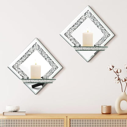 Pibeyer Mirrored Candle Sconces with Acrylic Diamond, Crushed Diamond Wall Candle Holders, Home Décor