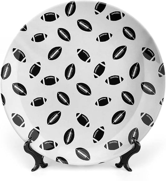 Ceramic Display Plate, American Football Ceramic Hanging Decorative Plate, Monochrome Pattern Black Rugby Balls Sports, 7 Inch, Living Room Kitchen Decoration Household, Black White