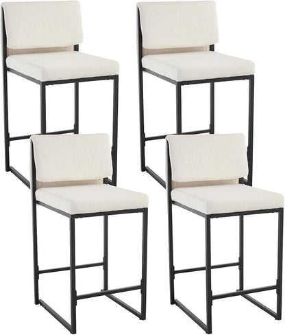 Modern Barstools Set of 4, 26” Upholstered Counter Height Bar Stools Linen Fabric Counter Stools with Padded Back Metal Frame for Kitchen Island Dining Room, Beige