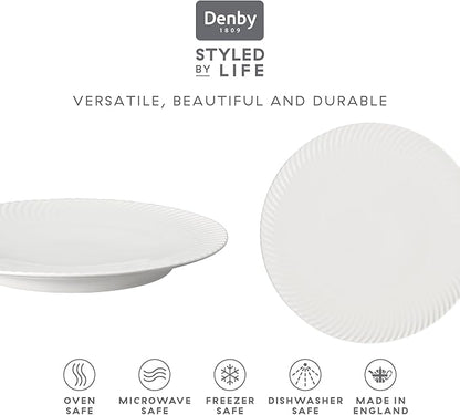 Denby - Arc White Porcelain Medium Plates Set of 6-9 Inch Glazed, Dishwasher Microwave Oven Safe - Scratch Chip Resistant Lunch, Appetizer, Dessert Plates - Dinnerware Plate Set