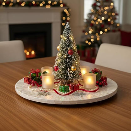 PEMAR 12.6″ Decorative Lazy Susan Turntable, Handcrafted Tray with Mother of Pearl Inlay, 360° Rotating Countertop & Dining Table Organizer, Elegant Home Décor, Housewarming Gift, White Cream Sunlight