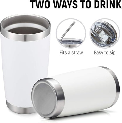 COMOOO 20oz White Tumbler Double Wall Vacuum Insulated Travel Mug Stainless Steel Coffee Mug with Lid and Straw Durable Powder Coated Insulated Coffee Cup for Cold & Hot Drinks (White,12 pack