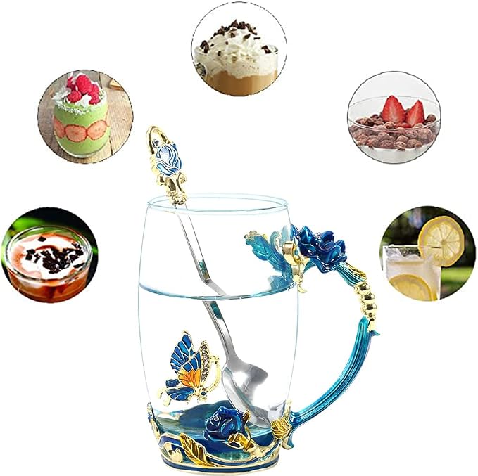 Birthday Gifts For Women, Butterfly Flower Glass Tea Cup Sky Blue Rose Coffee - Image 4