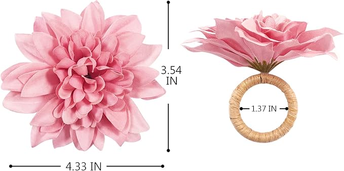 wonlex Farmhouse Flower Napkin Rings Set of 8, Faux Pink Dahlia Napkin Ring - Image 7