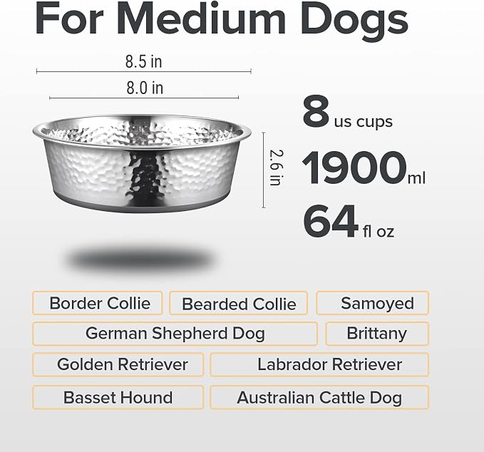 URBUDDIES 2 Pack Hammered Stainless Steel Dog Bowls, 8 Cup, Dishwasher Safe - Image 3