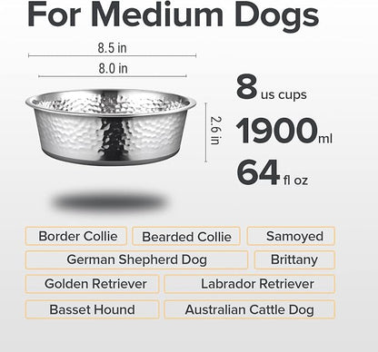 URBUDDIES 2 Pack Hammered Stainless Steel Dog Bowls, 8 Cup, Dishwasher Safe - Image 3