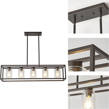 XILICON Oil Rubbed Bronze Farmhouse Chandelier Dining Room Lighting Fixture Hanging 5 Light Kitchen Island Lighting with Glass Shade for Dining Room