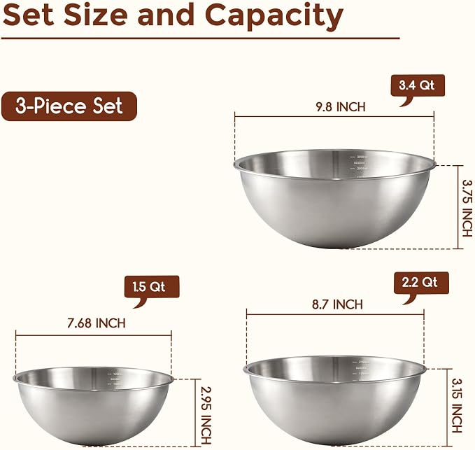 Gronivex Stainless Steel Mixing Bowls Set, 3-Piece | Food-Grade Metal, - Image 2