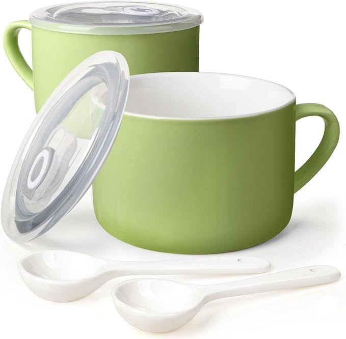 Soup Bowls with Handles & Spoons, 30oz Ceramic Ramen Bowl with Lid, Large Soup by Wareland