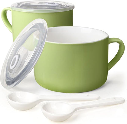 Soup Bowls with Handles & Spoons, 30oz Ceramic Ramen Bowl with Lid, Large Soup by Wareland