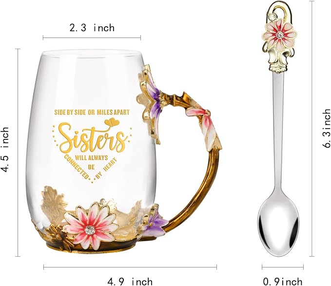 OEAGO Tea Cup Glass Coffee Enamels Mug Sisters Gifts from Sister - Image 2
