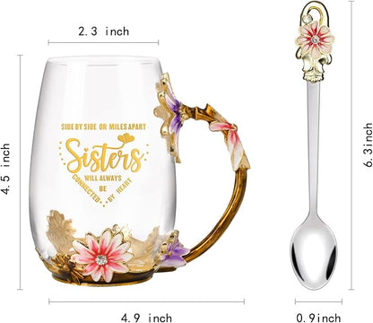 OEAGO Tea Cup Glass Coffee Enamels Mug Sisters Gifts from Sister - Image 2