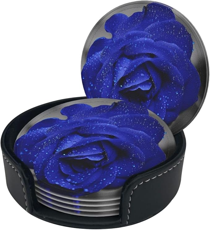 6 Pcs Blue Rose Flower Leather Coasters - Image 3