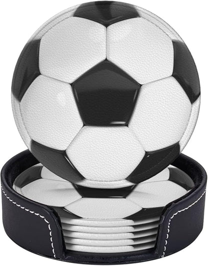 Football Soccer Coasters for Drinks with Holder Leather Coasters Set of 6 for Coffee Table