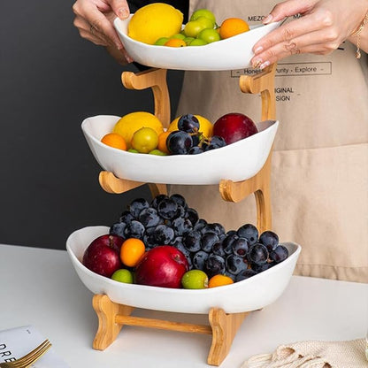 jessie 3 Tier Fruit Basket,Ceramic Large Capacity Tiered Fruit Basket Stand,Bamboo Fruit Serving Tray Snacks Nuts Bread Candy Storage Holder (White porcelain)