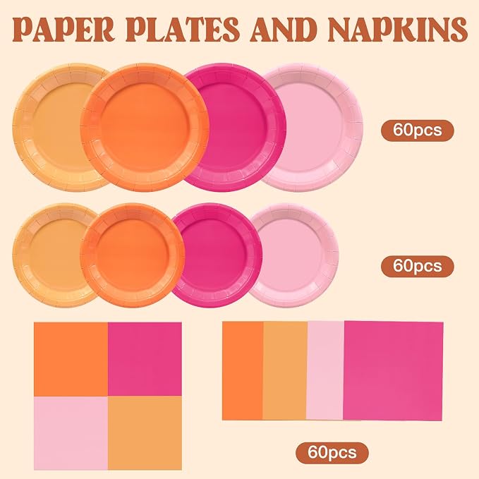 180pcs Pink and Orange Party Decorations, Serves 60 | Sunset Tropical Pink - Image 2