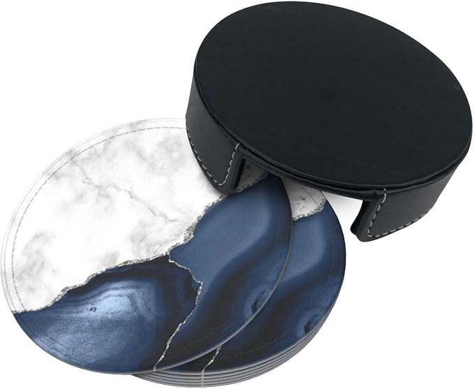 6 Pcs White Navy Blue Silver Marble Leather Coasters - Image 5