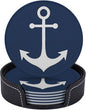 White Nautical Anchor On Navy Blue Premium Leather Coasters by LRCCJS