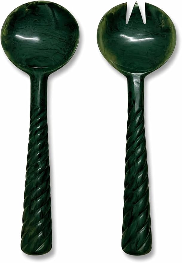 SS CRAFTS INDIA Premium 12.5" Forest Green Marbled Resin Salad Servers | Set of by SSCraftsIndia