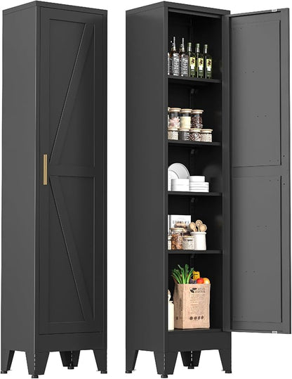Narrow Metal Cabinet with 4 Adjustable Shelves and Barn Doors,Tall Bathroom Storage Cabinet, Metal Pantry Organizer for Kitchen,Home Office, Dining Room,Black
