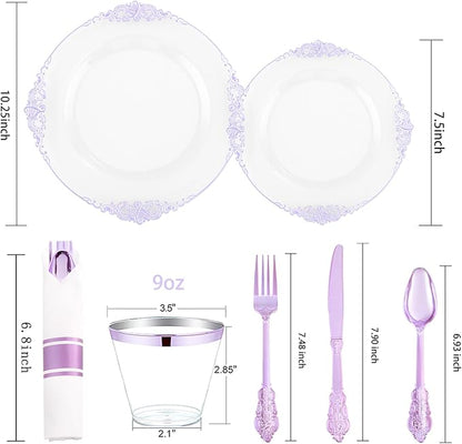 Hioasis 175pcs Clear and Purple Plates - Purple Party Plates for 25 Guest, Include 50 Heavy-duty Plates(20% Thicker Than Standard), 25 Pre Rolled Gold Plastic Silverware Set, 25 Cups