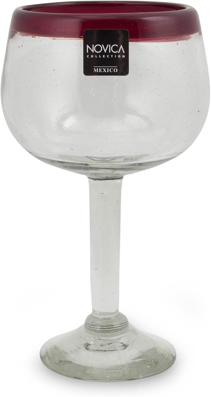 NOVICA Hand Blown Clear Red Recycled Glass Wine Glasses, 12 Oz 'Ruby Globe' by Novica