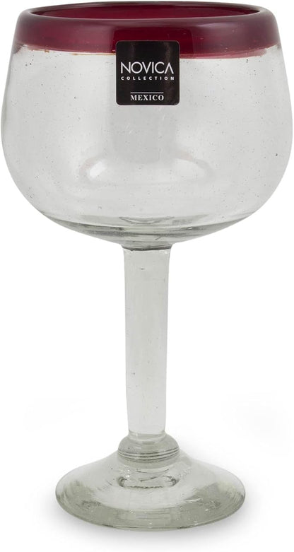 NOVICA Hand Blown Clear Red Recycled Glass Wine Glasses, 12 Oz 'Ruby Globe' by Novica