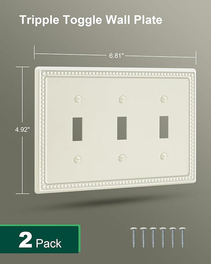 2-Pack Triple Toggle Light Switch Cover Plate, Pearls Decorative Switch Plate Covers, Light Almond 3 Gang Metal Wall Plate, Corrosion Resistant