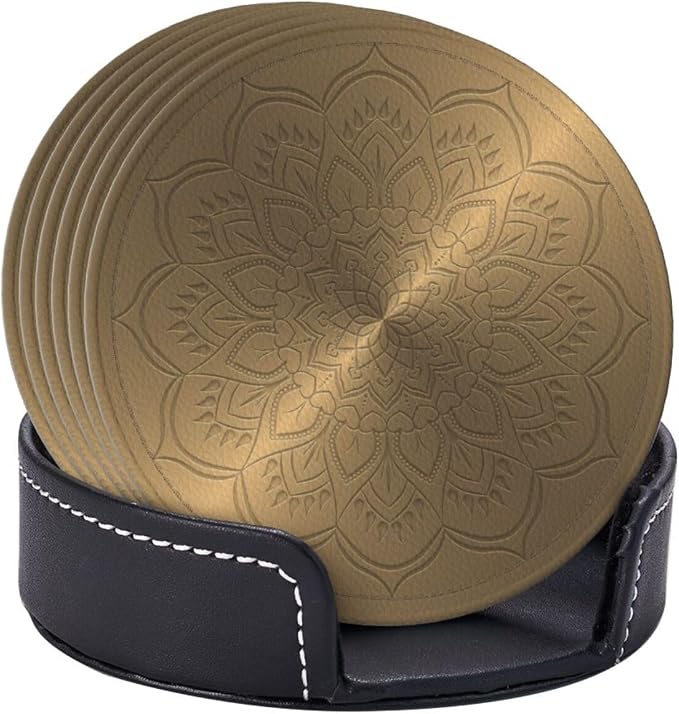 Drink Coasters with Holder Stand Set of 6, Mandala Rosette Engraving Pu Leather - Image 2