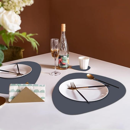 Faux Leather Placemats and Coasters Set, Round Leather for Dinner Table Mats Heat Resistant Non-Slip Washable Insulation Coffee Mats Kitchen Place Mats Nordic Style (Navy Gray, 2 Placemats+2 Coasters)