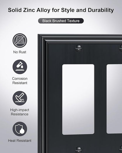 2-Pack Decorative Double Decorator Outlet Cover Plate, Durable Zinc Alloy Black Wall Plates for Electrical Outlets, Receptacle, GFCI Outlet, Dimmer Switch, 2-Gang, Corrosion Resistant