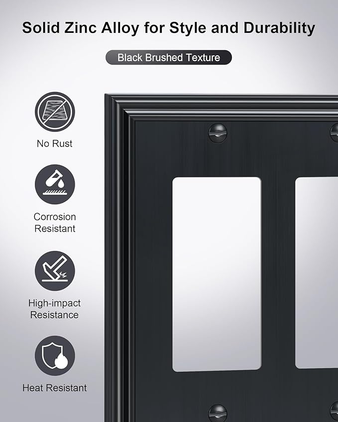 2-Pack Decorative Tripple Decorator Outlet Cover Plate, Durable Zinc Alloy Black Wall Plates for Electrical Outlets, Receptacle, GFCI Outlet, Dimmer Switch, 3-Gang, Corrosion Resistant