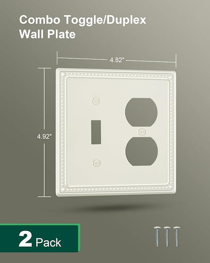2-Pack Combo Toggle/Duplex Light Switch Cover Plate, Light Almond Metal Wall Outlet Cover Plate, Decorative Classic Beaded Wall Socket Receptacle Cover for Electrical Outlets, Light Switch
