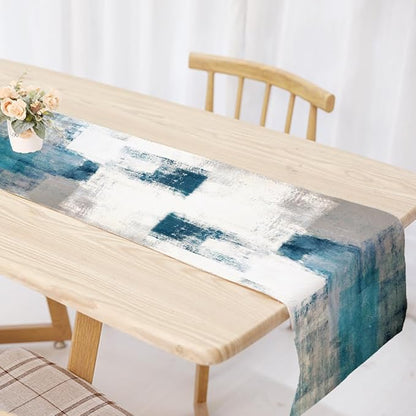 OYIMUA Teal and White Abstract Modern Table Runner, Art Rustic Kitchen Dining - Image 3