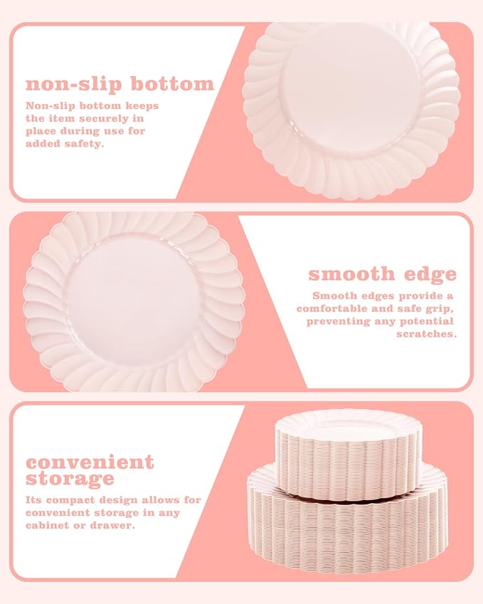 YOUBET 100PCS Pink Scalloped Plastic Plates - Image 6