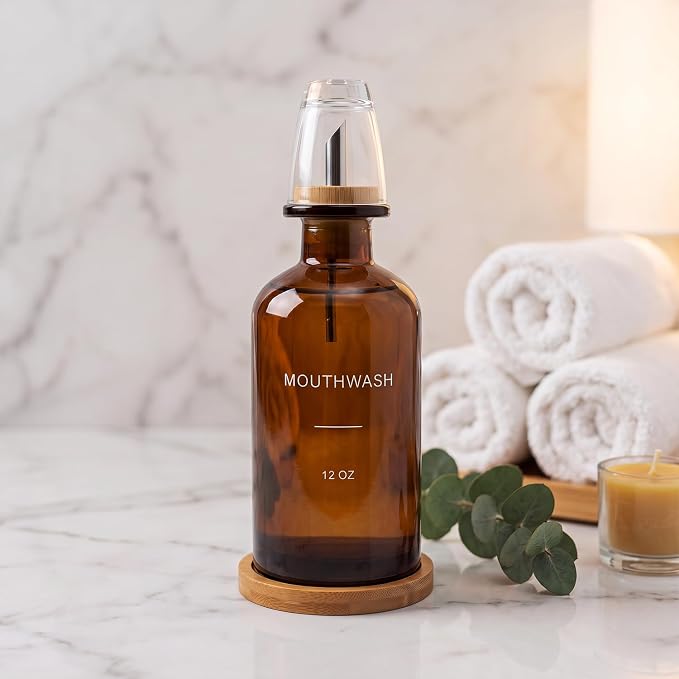 Glass Mouthwash Dispenser for Bathroom, Amber | Bamboo Tray & Mouthwash Cup - Image 7