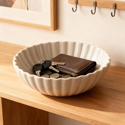 Large White Fluted Decorative Bowl – Modern Ruffle Bowl for Living Room, Kitchen, Entryway & Coffee Table Décor | Functional Decorative Bowl for Keys, Fruit, Storage for Home