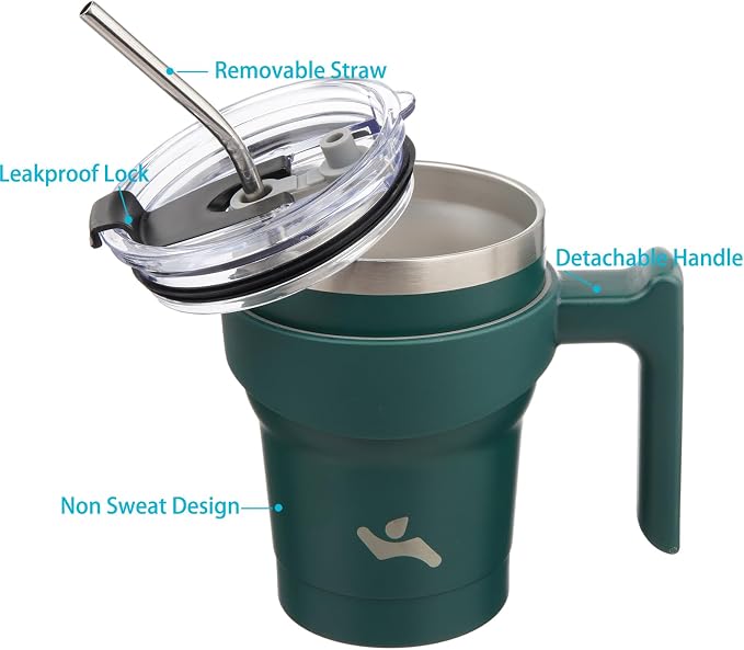 Konokyo 10 oz Tumbler with Handle and Straw, Insulated Travel Mug | Army Green; - Image 2
