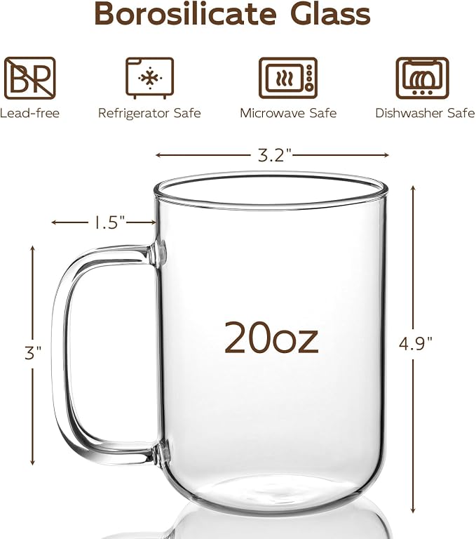 Glass Coffee Mugs, 20 oz Ice Coffee Cups Set of 4, Large Clear Tea Cups - Image 2
