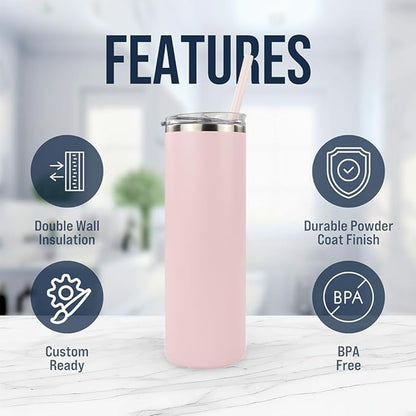 Hogg 20 oz Skinny Case (24 Units) - Light Pink, Powder Coated Tumblers for Laser Engraving, Engravable Tumblers Bulk, Stainless Steel Cups Bulk, Insulated Cups with Lids and Straws