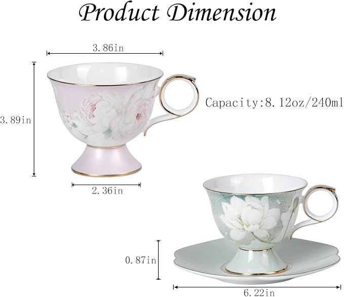 KAMMAK Tea Cups Set of 2, Ceramic Floral Pattern Demitasse Cup | Porcelain - Image 2