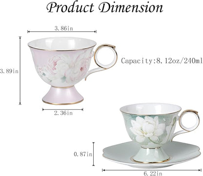 KAMMAK Tea Cups Set of 2, Ceramic Floral Pattern Demitasse Cup | Porcelain - Image 2