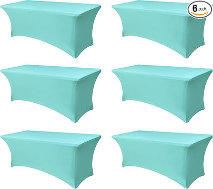 Fitted Stretch Table Cover for 6 foot Rectangle Tables-6 Pack Aqua Blue Spandex Tablecloth-Elastic Folding Tablecloths for Party, Vendor Booth Display, Banquet Buffet Event, Craft Trade Show