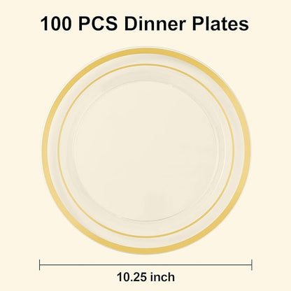 BESTSTAR 100PCS Clear Plastic Plates for Party, 10.25 Inch Disposable Plates with Gold Rim, Heavy Duty Dinner Plates for Christmas, Wedding and Birthday