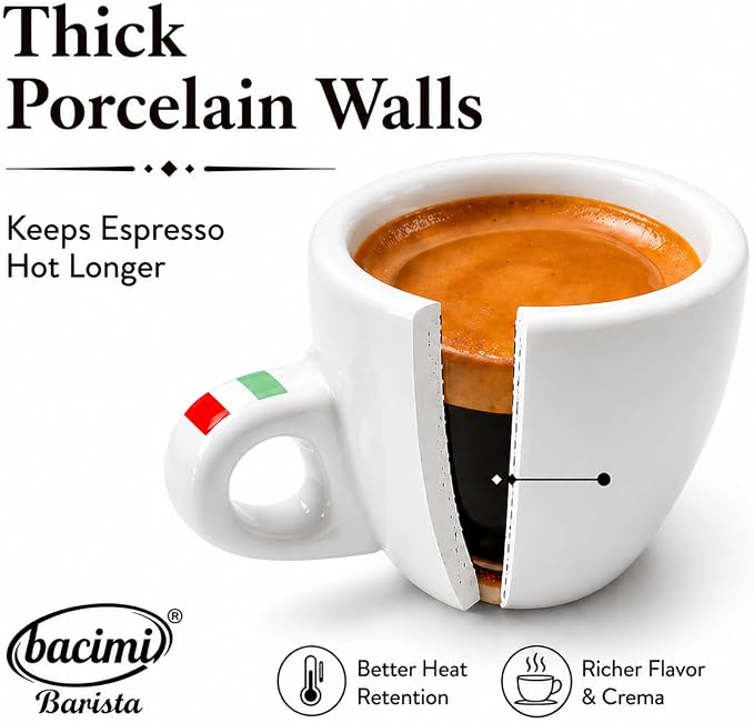 Bacimi® Espresso Cups & Saucers Set of 4 – 3 oz Thick Porcelain Coffee Cups - Image 4
