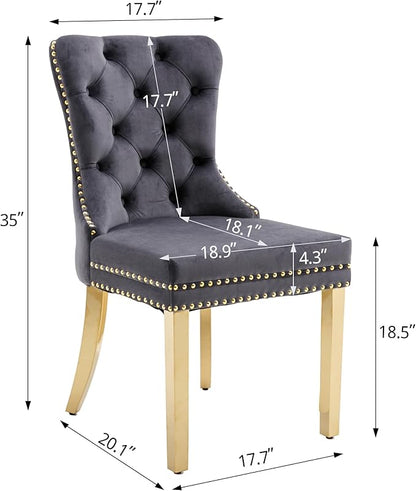 KCC Velvet Dining Chairs Set of 2, Upholstered High-end Tufted Dining Chair with Nailhead Back Ring Pull Trim Stainless Steel Legs, Contemporary Nikki Collection Modern Style for Kitchen, Dark Gray