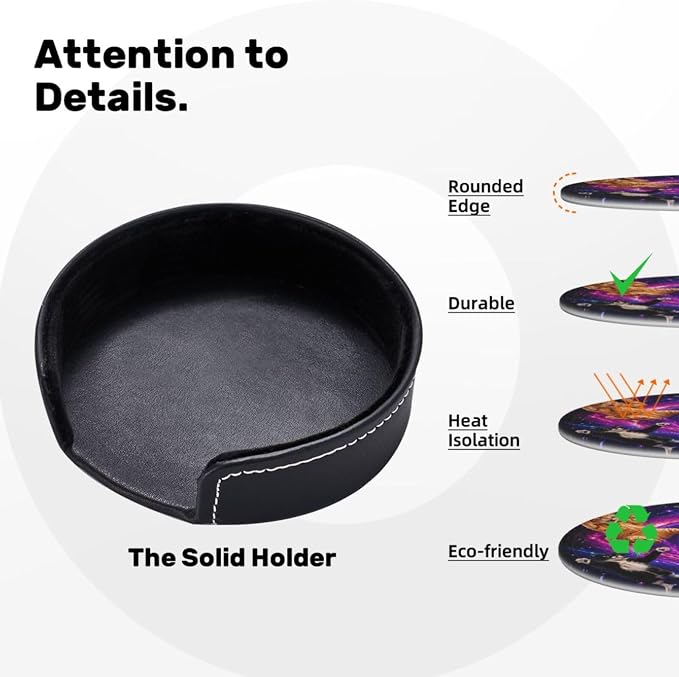 Cosmic Galaxy Cat Art Leather Coasters Set of 6 - Image 4