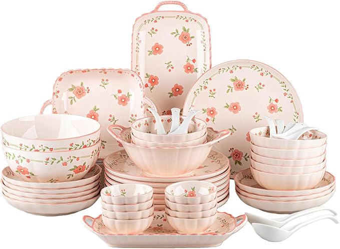 Ceramic Dinnerware Set, Floral Plates and Bowls Sets, Microwave & Dishwasher by FANGJING