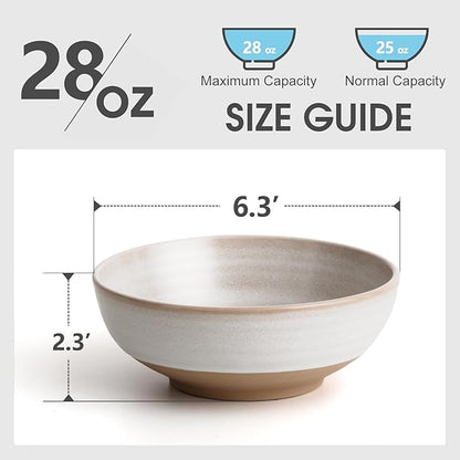 Handmade Ceramic Bowl Set of 4, 28oz - Ideal for Soup, Salad, Cereal, and Rice - Microwave Safe, Durable Clay Dishes - 6.3in
